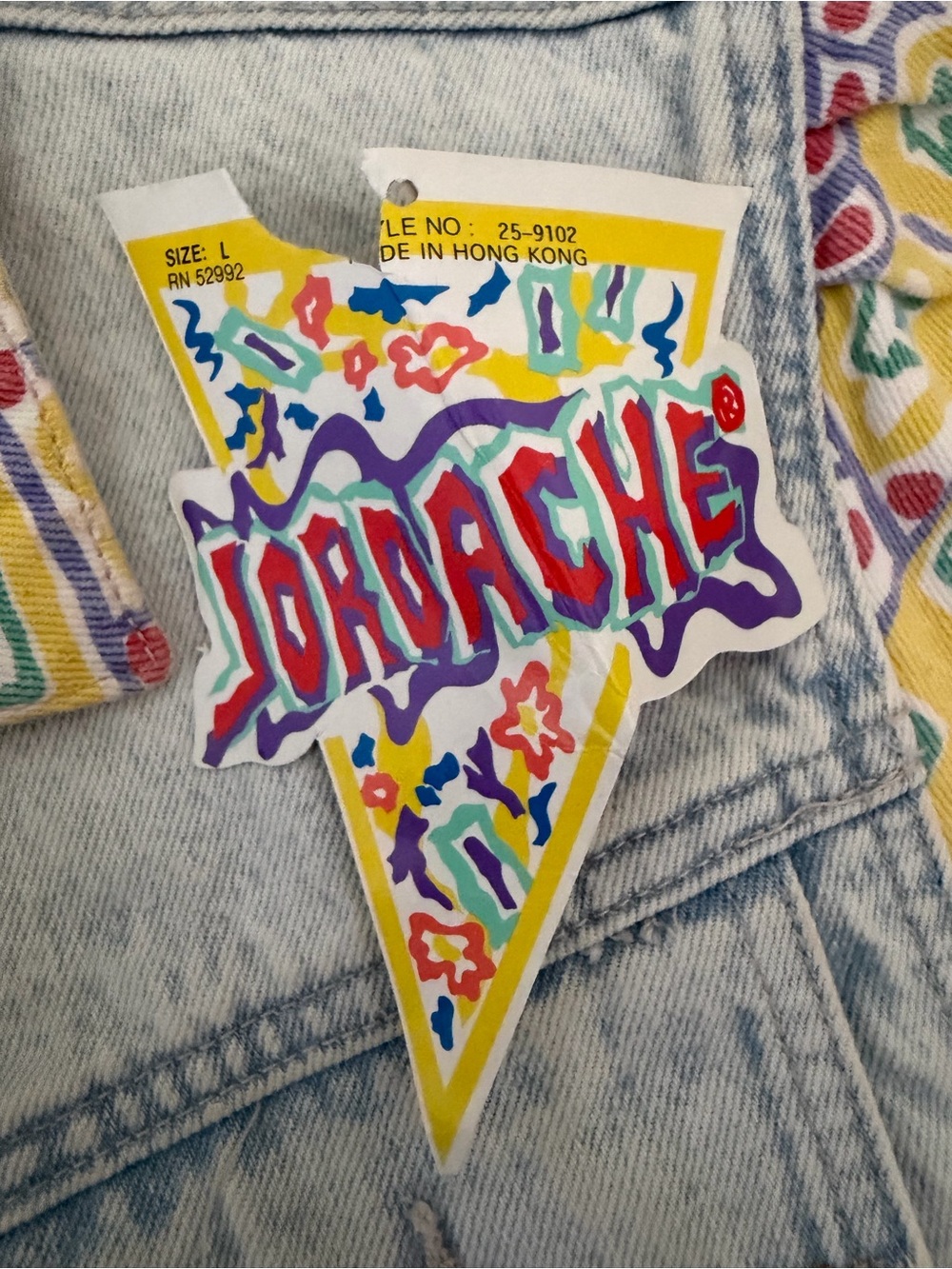 Jordache Light Wash Denim Crop Jacket with Yellow, Pink, Green & Blue Print - Picture 16 of 16